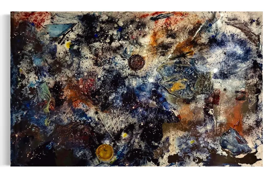 Abstract painting of dark blue, rust, and gold textures