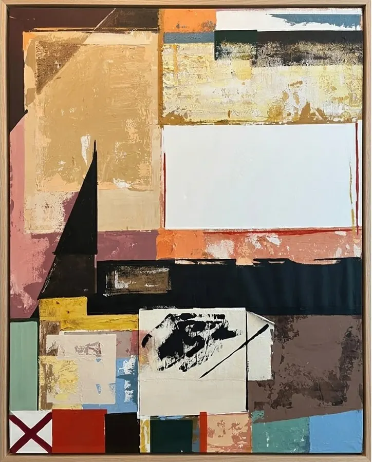 Mixed media collage of layered paper and painted blocks in muted colors