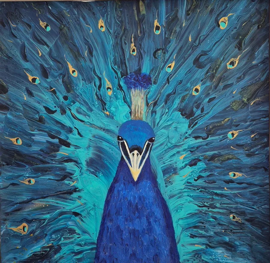 Acrylic painting of a blue peacock with its tail feathers fanned out