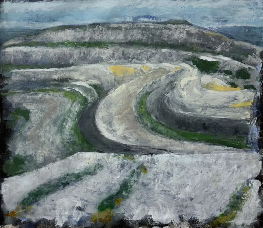 Painting of a layered limestone hillside under a gray sky
