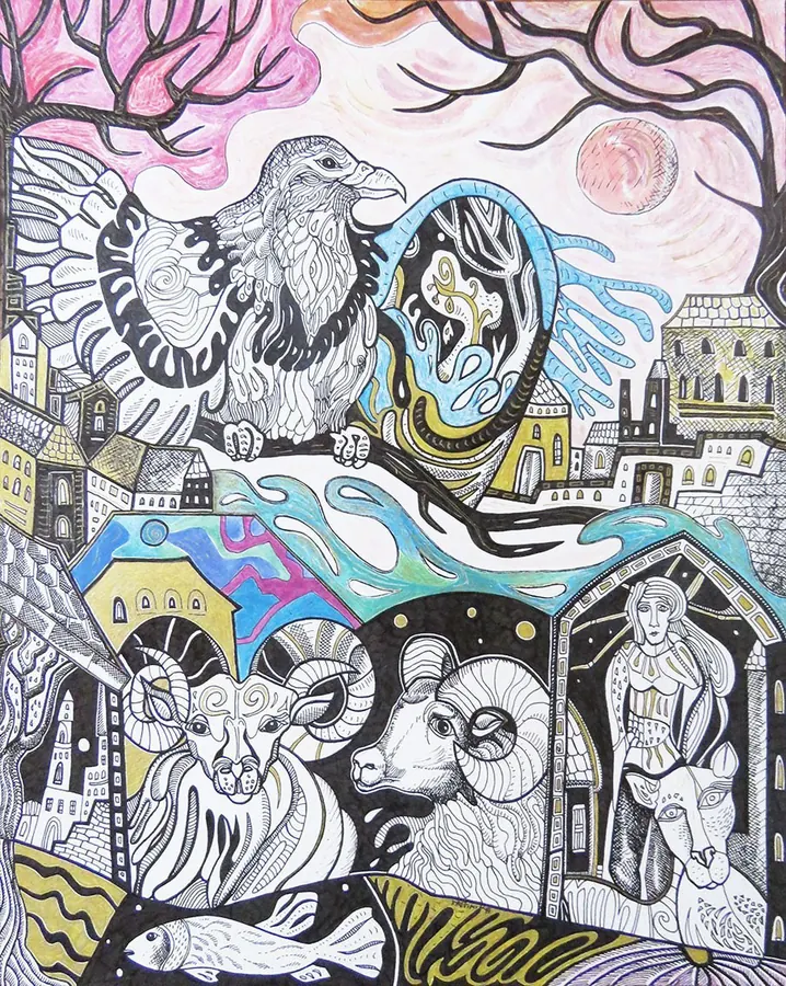 Ink and watercolor drawing of an eagle, rams, and other animals in decorative patterns