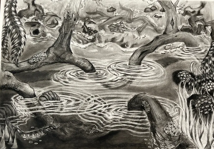 Charcoal drawing of tree roots reaching into rippling water