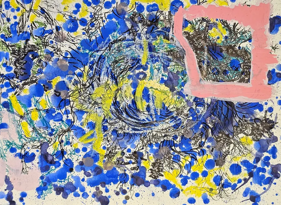 Abstract painting of blue and yellow splatters with a pink framed section