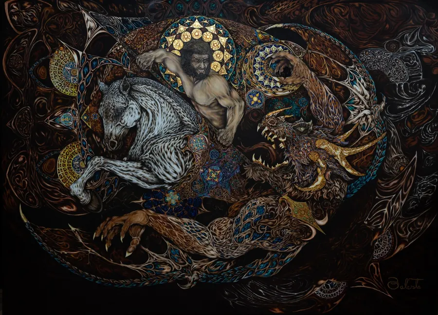 Detailed painting of Saint George on a white horse with the dragon, in gold and black