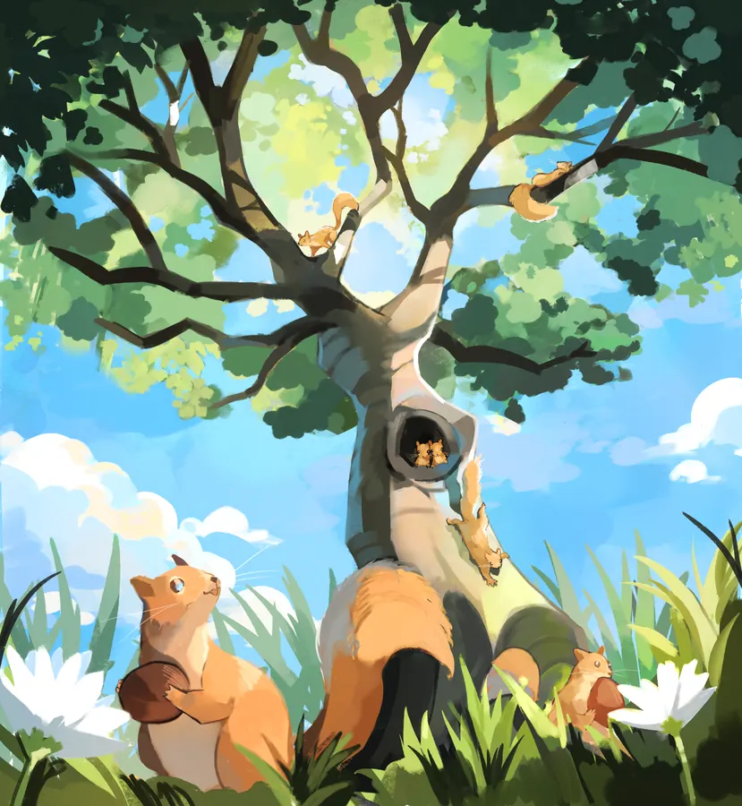 Illustration of squirrels at the foot of a large tree in spring