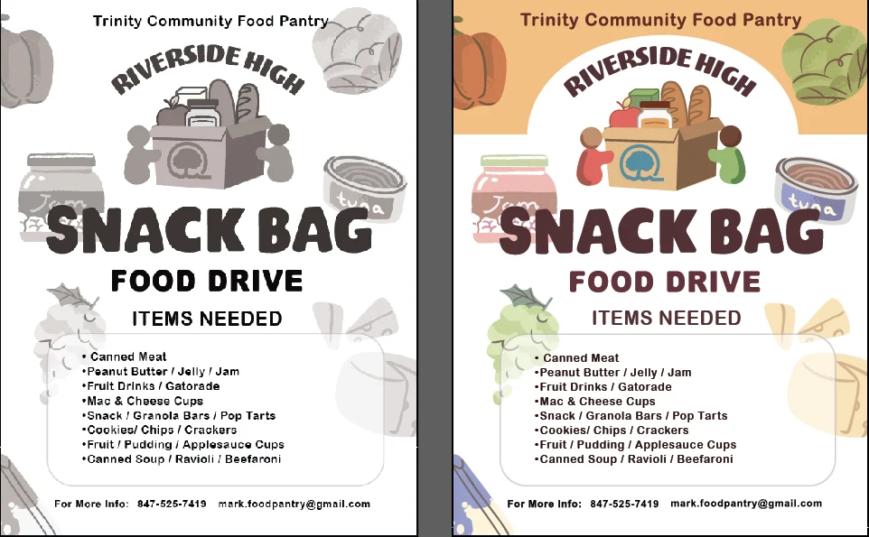 Two versions of the Snack Bag Food Drive flyer side by side: a grayscale draft and the final color design